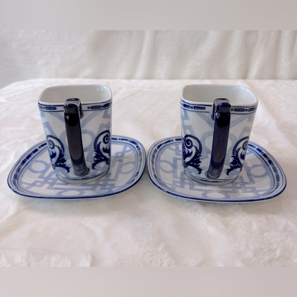 Chinoiserie BOMBAY Windsor Set of 2 Mugs & Saucers, Navy Blue & White - Picture 4 of 12